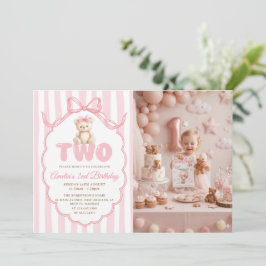 Teddy Bear Girls Pink Bow Stripes 2nd Birthday  Einladung