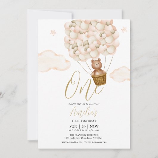 Teddy Bear Gold Balloons Geburtstagsparty Einladung (Vorderseite)