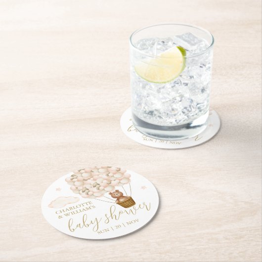 Teddy Bear Gold Balloons Girl Baby Dusche Runder Pappuntersetzer (Vor Ort)