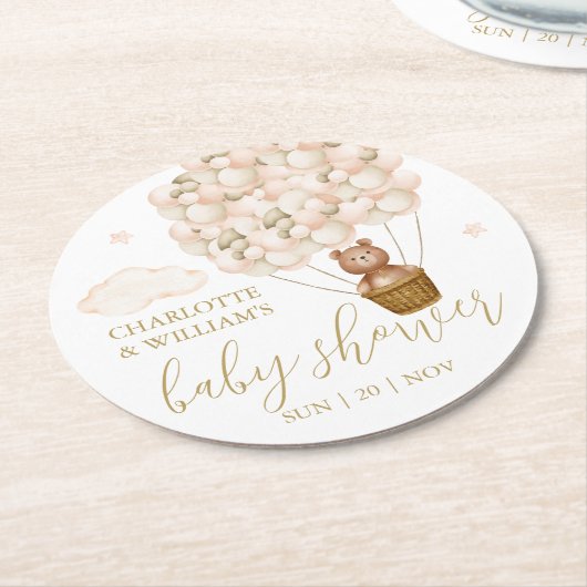 Teddy Bear Gold Balloons Girl Baby Dusche Runder Pappuntersetzer (Angewinkelt)