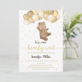 Teddy Bear Gold Balloons Neutral Baby Shower Invit Einladung (Stehend Vorderseite)