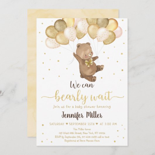 Teddy Bear Gold Balloons Neutral Baby Shower Invit Einladung (Vorne/Hinten)