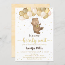 Teddy Bear Gold Balloons Neutral Baby Shower Invit