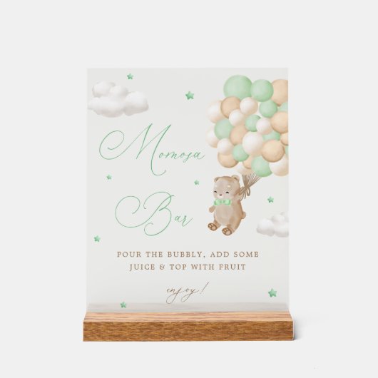 Teddy Bear Green Baby Dusche Mimosa Bar Acrylschild (Vorderseite)