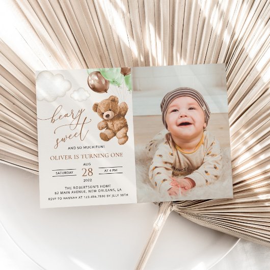Teddy Bear, Green Balloons, First Birthday Einladung