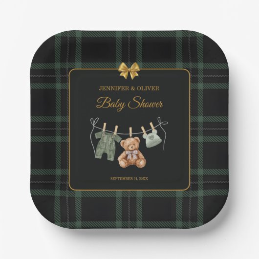 Teddy Bear Green Buffalo Check Pappteller (Vorderseite)