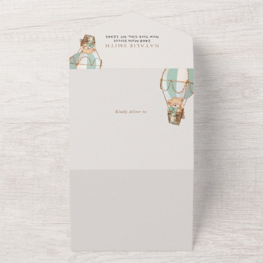 Teddy Bear, Green Hot Air Ballon, Babydusche All In One Einladung (Außenbereich)