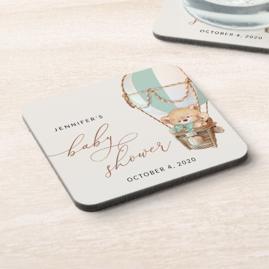 Teddy Bear, Green Hot Air Ballon, Babydusche Getränkeuntersetzer (Linke Seite)