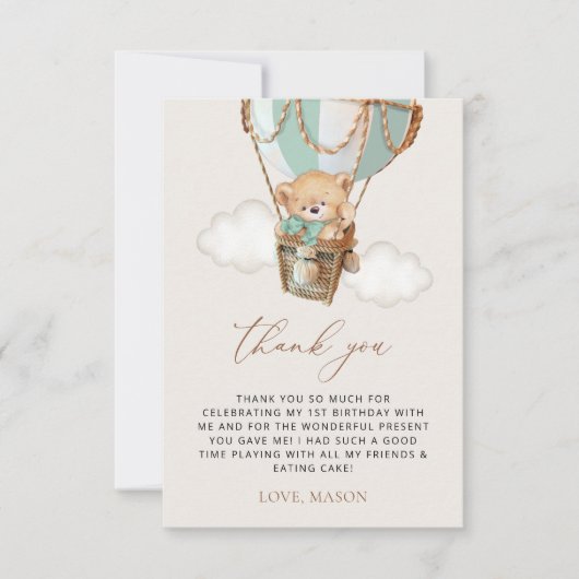 Teddy Bear, Green Hot Air Ballon, erster Geburtsta Dankeskarte (Vorderseite)