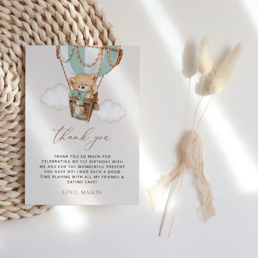 Teddy Bear, Green Hot Air Ballon, erster Geburtsta Dankeskarte