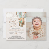 Teddy Bear, Green Hot Air Ballon, erster Geburtsta Einladung (Vorderseite)