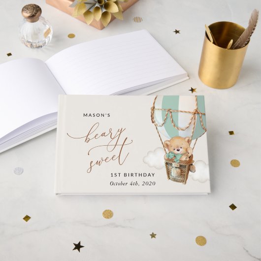 Teddy Bear, Green Hot Air Ballon, erster Geburtsta Gästebuch (Vorderseite Offen)