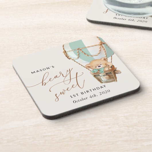 Teddy Bear, Green Hot Air Ballon, erster Geburtsta Getränkeuntersetzer (Linke Seite)