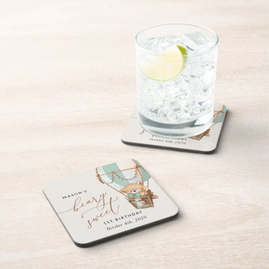 Teddy Bear, Green Hot Air Ballon, erster Geburtsta Getränkeuntersetzer (Rechte Seite)