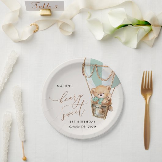 Teddy Bear, Green Hot Air Ballon, erster Geburtsta Pappteller (Hochzeit)