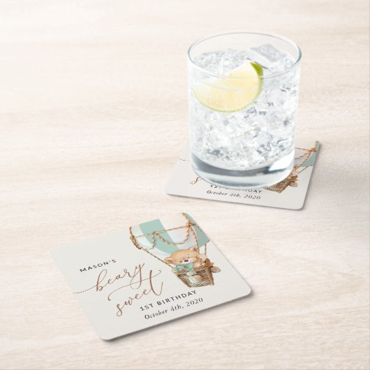 Teddy Bear, Green Hot Air Ballon, erster Geburtsta Rechteckiger Pappuntersetzer (Vor Ort)