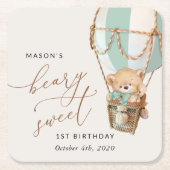 Teddy Bear, Green Hot Air Ballon, erster Geburtsta Rechteckiger Pappuntersetzer (Vorderseite)