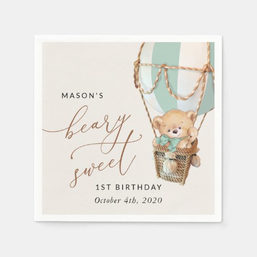 Teddy Bear, Green Hot Air Ballon, erster Geburtsta Serviette (Vorderseite)
