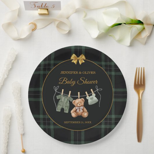 Teddy Bear Green Plaid Baby Shower Pappteller (Hochzeit)