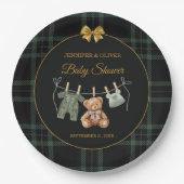 Teddy Bear Green Plaid Baby Shower Pappteller (Vorderseite)
