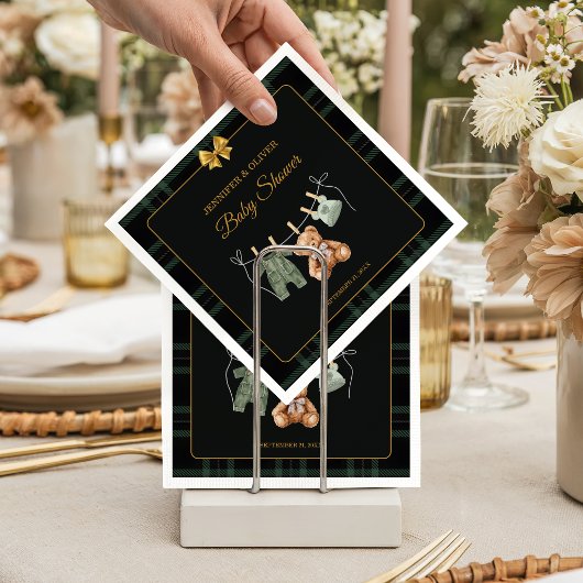 Teddy Bear Green Plaid Baby Shower  Serviette