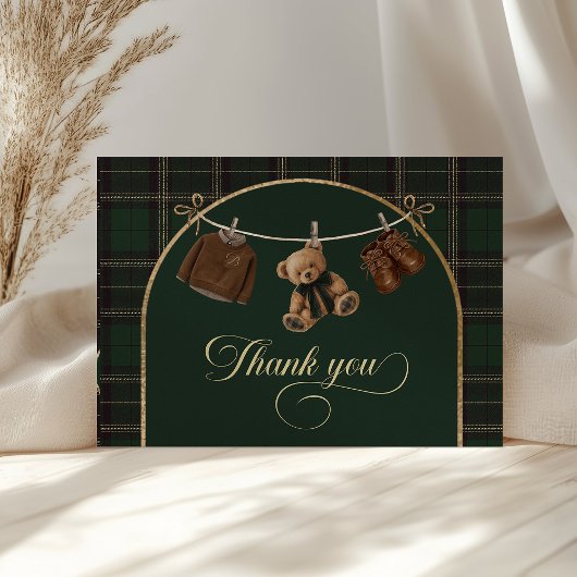 Teddy Bear Green Tartan Baby Shower Dankeskarte