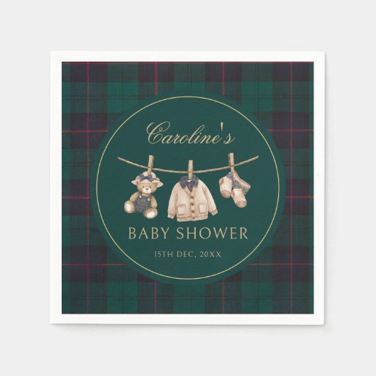 Teddy Bear Green Tartan Baby Shower Napkins Serviette (Vorderseite)