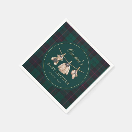 Teddy Bear Green Tartan Baby Shower Napkins Serviette (Ecke)