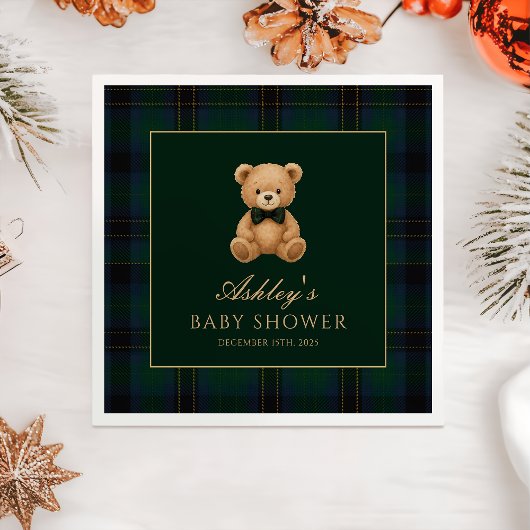 Teddy Bear Green Tartan Baby Shower Paper Napkin Serviette