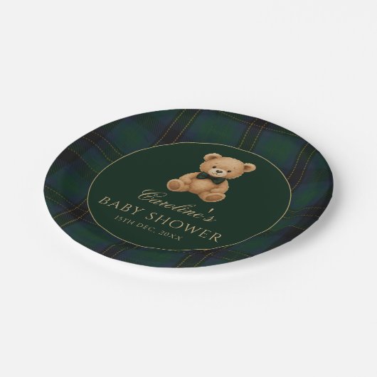 Teddy Bear Green Tartan Baby Shower Paper Plates Pappteller (Schrägansicht)