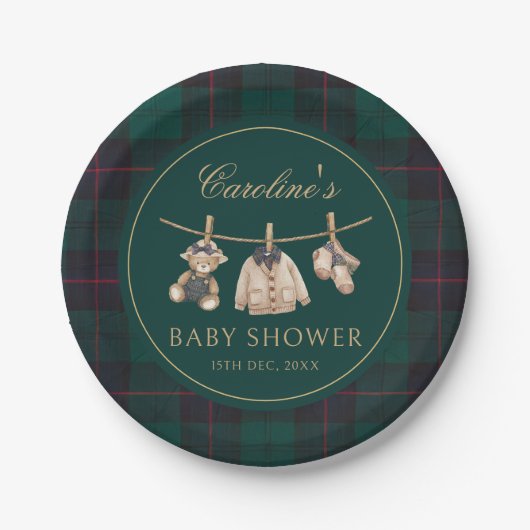 Teddy Bear Green Tartan Baby Shower Paper Plates Pappteller (Vorderseite)