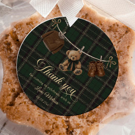 Teddy Bear Green Tartan Baby Shower Runder Aufkleber