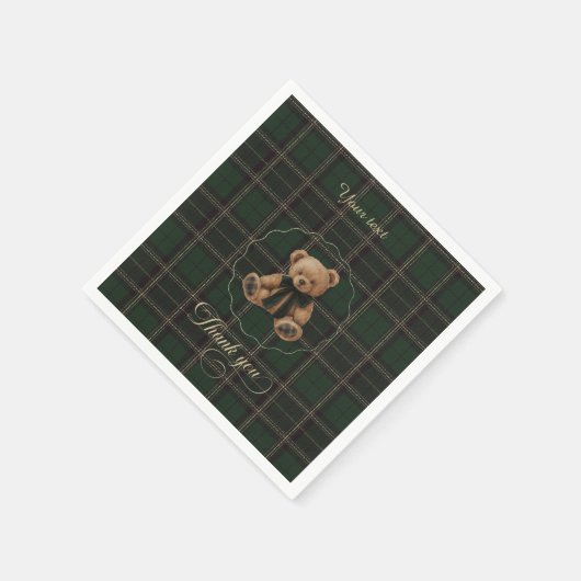 Teddy Bear Green Tartan Baby Shower  Serviette (Ecke)