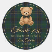 Teddy Bear Green Tartan Baby Shower Sticker (Vorderseite)