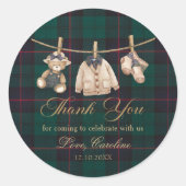 Teddy Bear Green Tartan Baby Shower Sticker (Vorderseite)