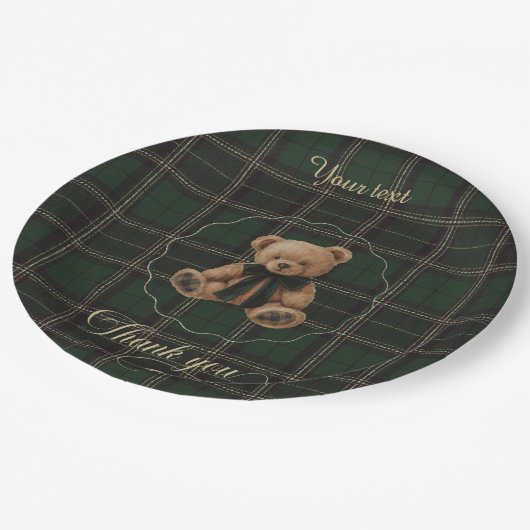 Teddy Bear Green Tartan Paper Plate Pappteller (Schrägansicht)