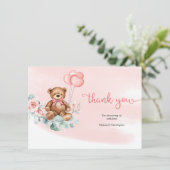 Teddy Bear Greenery Wreath Blush Bloral Rose Baby Dankeskarte (Stehend Vorderseite)