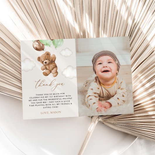 Teddy Bear, Grüne Balloons, erster Geburtstag Dankeskarte