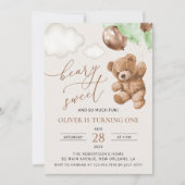 Teddy Bear, Grüne Balloons, erster Geburtstag Einladung (Vorderseite)