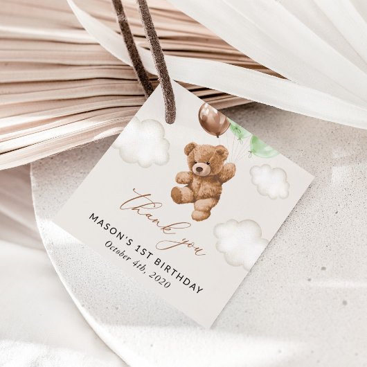 Teddy Bear, Grüne Balloons, erster Geburtstag Geschenkanhänger