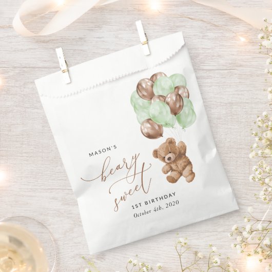 Teddy Bear, Grüne Balloons, erster Geburtstag Geschenktütchen (Ausgeschnitten)