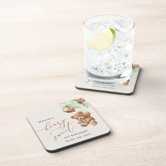 Teddy Bear, Grüne Balloons, erster Geburtstag Getränkeuntersetzer (Rechte Seite)