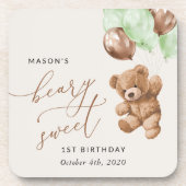 Teddy Bear, Grüne Balloons, erster Geburtstag Getränkeuntersetzer (Vorderseite)