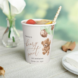 Teddy Bear, Grüne Balloons, erster Geburtstag Pappbecher