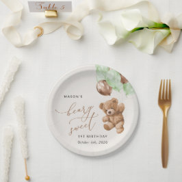 Teddy Bear, Grüne Balloons, erster Geburtstag Pappteller