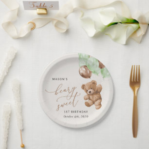 Teddy Bear, Grüne Balloons, erster Geburtstag Pappteller