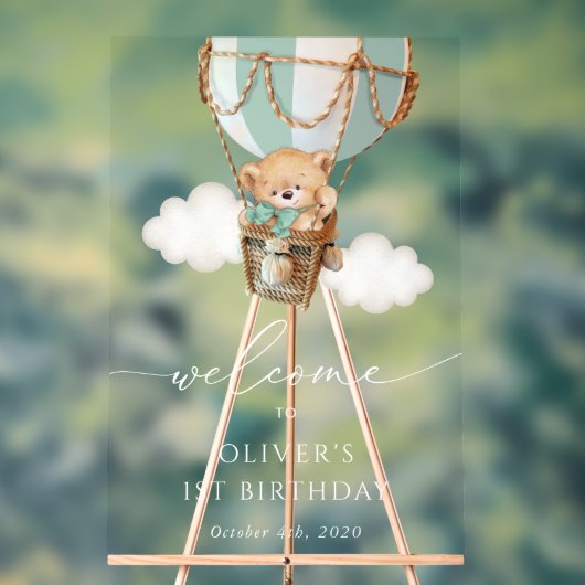 Teddy Bear, Grüner Ballon, Erster Geburtstag Willk Acrylschild (Neutral)