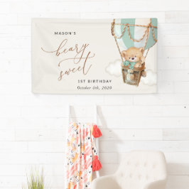 Teddy Bear, Grüner Ballon, Erster Geburtstag Willk Banner