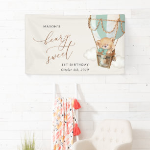 Teddy Bear, Grüner Ballon, Erster Geburtstag Willk Banner