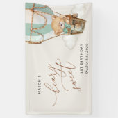 Teddy Bear, Grüner Ballon, Erster Geburtstag Willk Banner (Vertikal)